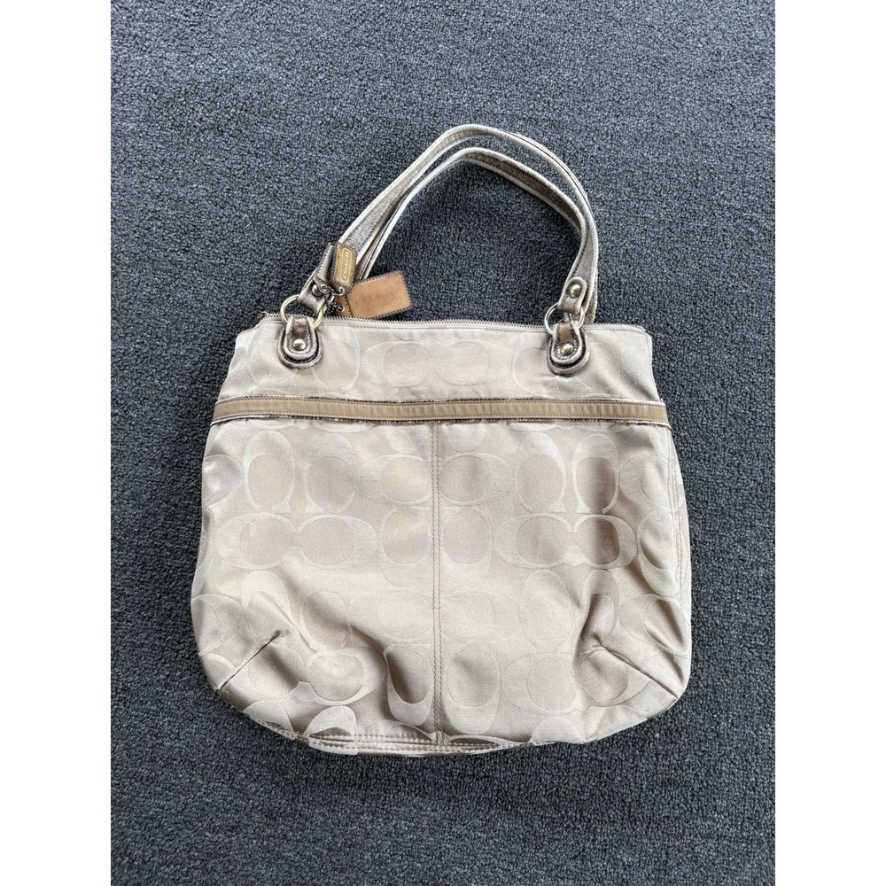 Y2K Coach‎ Signature Op Art Large Tote Bag Tan Khaki Leather Trim Green Lining
